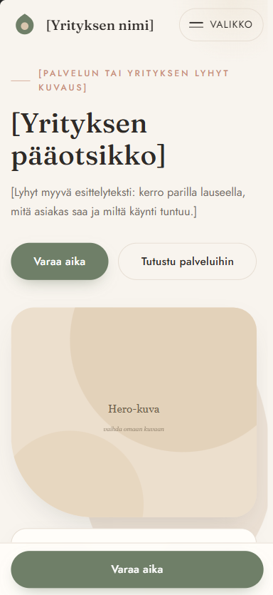 Elegantti mobiilinäkymä kauneus- ja ajanvarausyritykselle