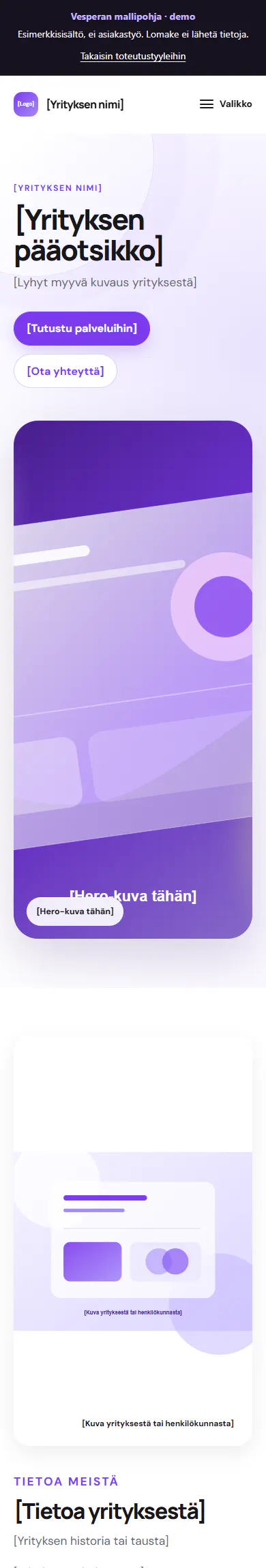 Modernin premium-pohjan mobiilinäkymä asiantuntijayritykselle