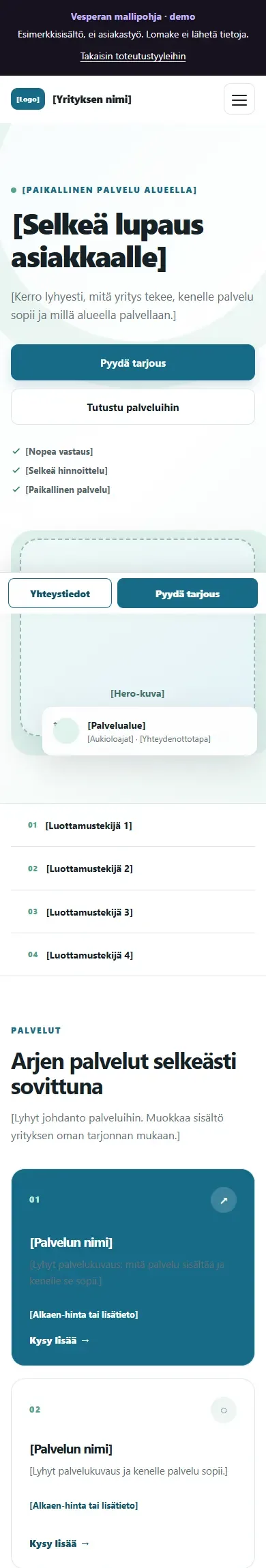 Selkeän palvelupohjan mobiilinäkymä paikalliselle palveluyritykselle