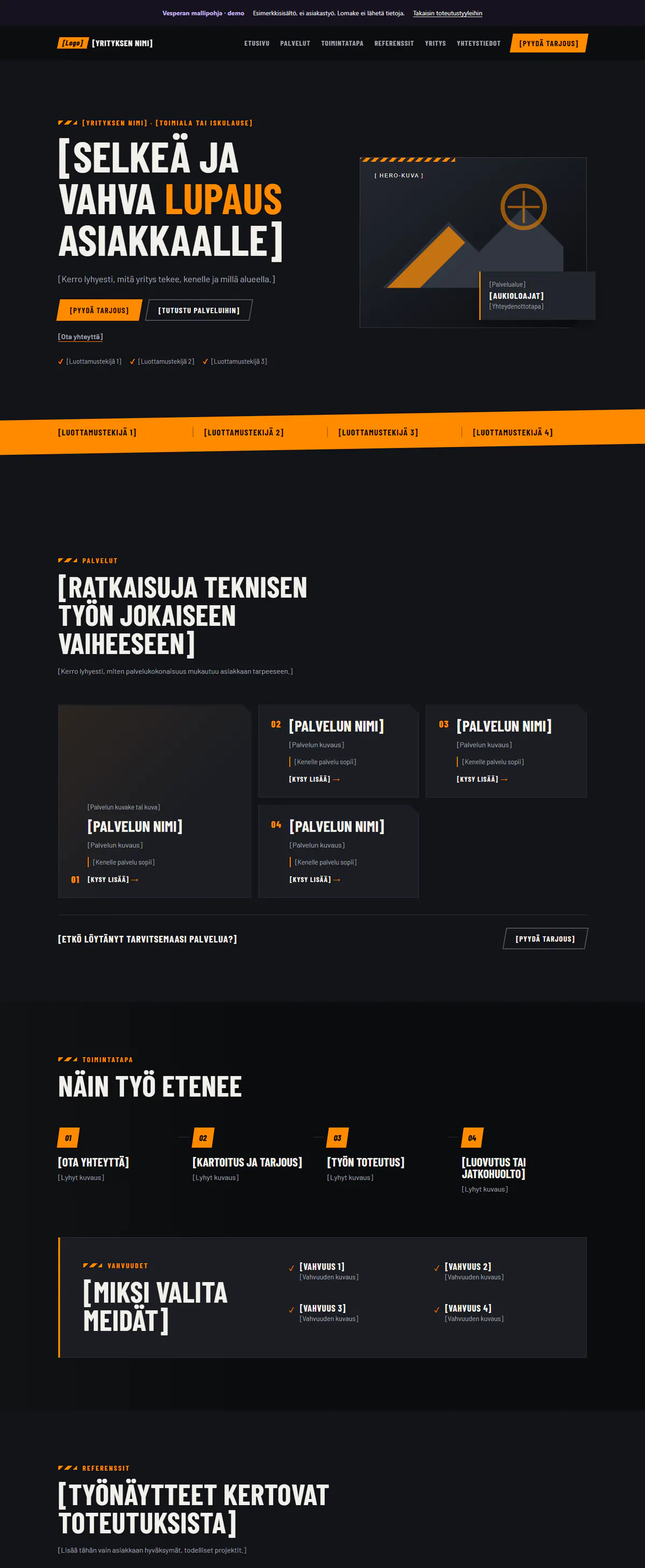 Teollisen palvelupohjan tumma ja oranssi työpöytänäkymä tekniselle yritykselle